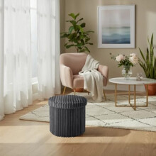Round Storage Ottoman with Lid Ribbed Footstool And Organiser Box Space Saving Seat with Hidden Storage for Living Room Bedroom Multi Purpose Footrest