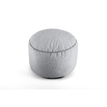 Littens Grey Silver Teddy Boucle Round Footstool Ottoman Bean Bag Pouffe, Living Room Decorative Low Seat Piped (45cm x 25cm)
