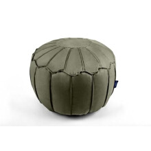 Littens Olive Green Round Moroccan Footstool Bean Bag, Soft Luxury Velvet, Ottoman Pouffe, Living Room Decorative Seat, Patchwork, Piped (50cm x 30cm)