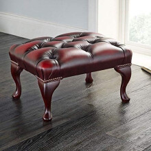 The Footstool Company Chesterfield Leather Footstool Antique Oxblood Red | Button Tufted Upholstered Ottoman Foot Rest with Queen Anne Mahogany Legs |