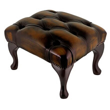 Beaumont Heritage Chesterfield Footstool | 100% Genuine Antique Brown Leather Ottoman Pouffe | Handmade UK Furniture with Queen Anne Mahogany Legs |