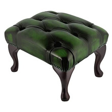 Beaumont Heritage Chesterfield Footstool | 100% Genuine Antique Green Leather Ottoman Pouffe | Handmade UK Furniture with Queen Anne Mahogany Legs |