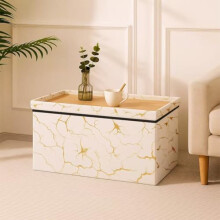Luxury Foli Print Ottoman Storage Box with Wooden Tea Table Top Foldable Ottoman Storage Bench Seat for Living Room, Bedroom & Hallway Multipurpose