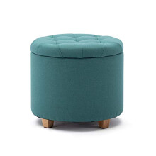 HNNHOME 45cm Round Linen Padded Seat Ottoman Storage Stool Box, Footstool Pouffes Chair with Lids (Light Green)