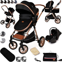Baby Pram with Car Seat Lightweight Buggy Stroller Foldable Pushchair 3 in1 Baby Travel System Newborn Toddlers (Black - Rose Gold)