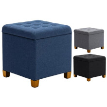 A406 Square Ottoman Storage Padded Stool Foot stool Linen Fabric Stoage Box With Lid Storage Bench Pouffe Seat Stool (Navy)