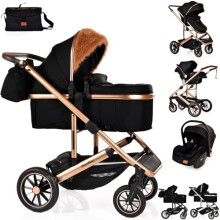 3 in 1 Baby Pram Travel System with Car Seat Lightweight Buggy Foldable Pushchair for Newborn and Toddlers up to 22kg NEW 2025 Style (Black - Gold)