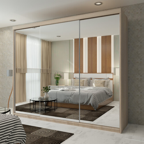 MN Furniture (Oak) Modern 3 Mirror Sliding Door Wardrobe 250cm