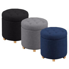 Ecoshine Supplies Ottoman Storage Box with Lid, Tufted Seat, Linen Fabric Round Padded Stool Footstool with Storage Bench In Grey Black, Navy Colour