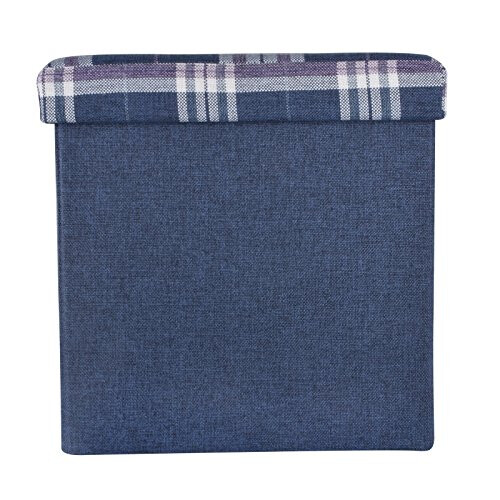 XSS Folding Check Pattern Storage Ottoman Cube With Foam Padded Lid 15" - Blue