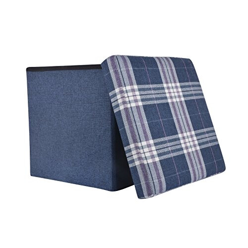 XSS Folding Check Pattern Storage Ottoman Cube With Foam Padded Lid 15" - Blue 1