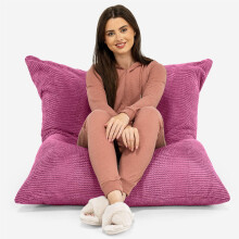 Lounge Pug Extra Large Bean Bag Floor Cushion, Pink, Use as XXL Slab Pillow, Lounger or Beanbag Chair, Plush Waffle Texture Pom Pom Fabric
