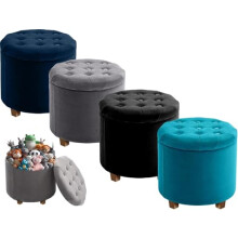 A406 Linen Fabric Round Ottoman Storage Box with Lid, Tufted Seat, Padded Stool Footstool with Storage Bench In Grey Black, Navy Colour (Black-Velvet)