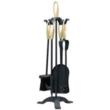 5 Piece Traditional Fireplace Companion Set Tong Shovel Brush Poker Wood Burner Coal Stove Hearth Cast Iron Tools (Loop Top Black & Brass)