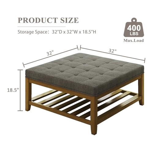 Befurtori Large Square Ottoman Coffee Table, Linen Solid Upholstered Footrest Ottoman with Solid Wood Shelf Storage Tufted Coffee Table for Bedroom 1
