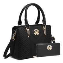 Miss Lulu Handbag for Women with Purse Set, Black Top Handle Bag with M Logo Shoulder Bag PU Leather, Golden Hardware