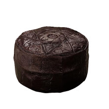 Brown Tunisian Leather Round Pouffe Footrest – Hand Crafted Artisan Leather Beanbag Filled Footstool Seat with Intricate Designs & Zipped Opening