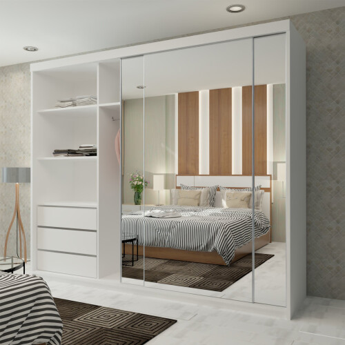 MN Furniture (White, 250cm ) Modern Sliding Door Wardrobe With 3 Mirror 1