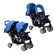vidaXL Tandem Stroller Steel Blue and Black Child Toddler Pram Pushchair Buggy