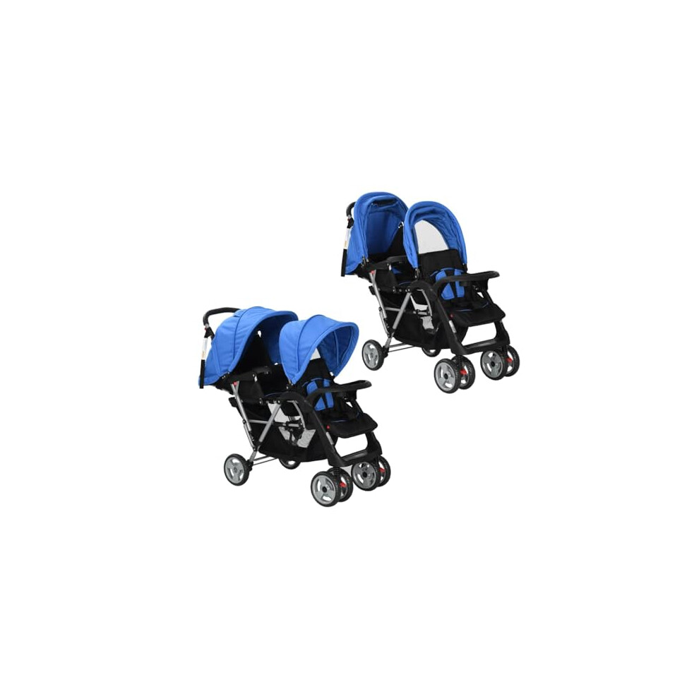 Vidaxl Tandem Stroller Steel Blue And Black Child Toddler Pram Pushchair Buggy