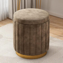 Velvet Vanity Stool with Storage, Round Ottoman, Comfort Upholstered Foot Rest, Bedroom Makeup Stool for Girls Room - Brown, 34x34x44cm (13x13x17inch)