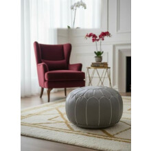 adsin Premium Leather Pouffe – Handmade Stuffed Ottoman, Embroidered Footstool, Hand-stitched Floor cushion (Grey)