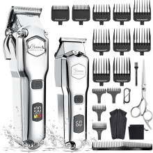 Hatteker Haarschneidemaschine Kit für Herren Bartschneider IPX7 Wasserdichte Haarschneider T-Klinge Professioneller USB Wiederaufladbar(SILBER)