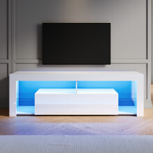 (High Gloss White, 160cm) Elegant LED TV Stand with RGB Lighting, Flap-Door Storage Cabinet, Tempered Glass Shelf, High Gloss TV Unit