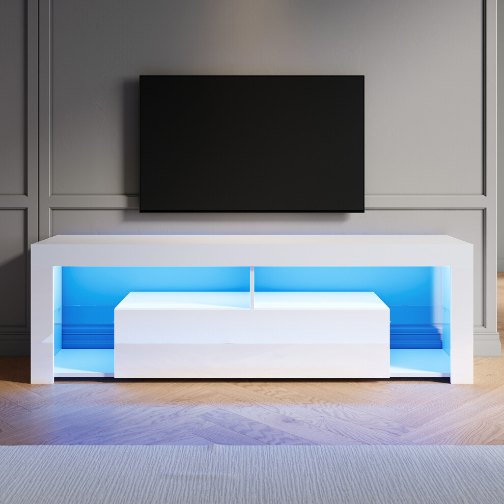 Elegant (High Gloss White, 160Cm) Led Tv Stand With Rgb Lighting, Flap-Door Storage Cabinet, Tempered Glass Shelf, High Gloss Tv Unit