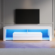 (High Gloss White, 180cm) Elegant LED TV Stand with RGB Lighting, Flap-Door Storage Cabinet, Tempered Glass Shelf, High Gloss TV Unit
