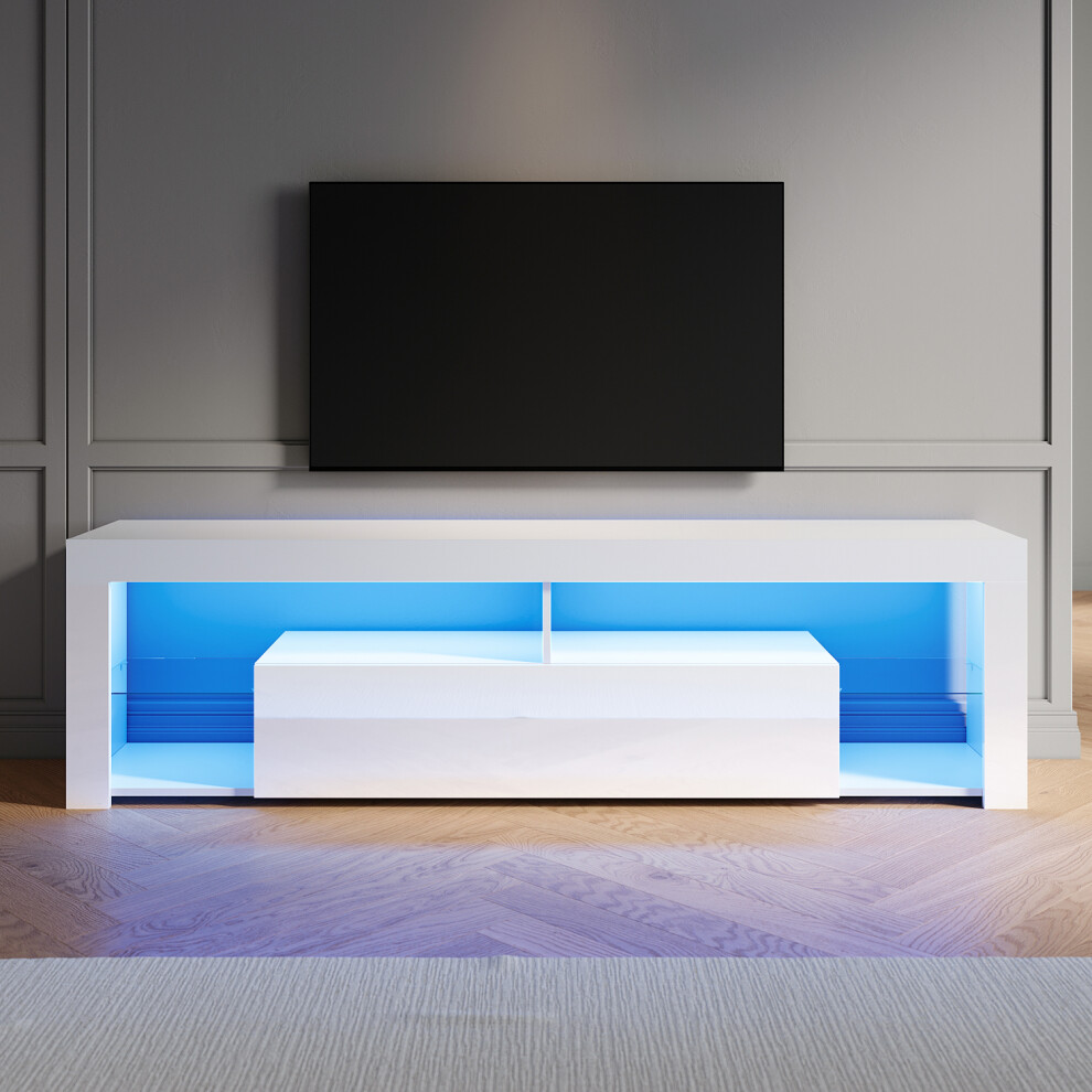 Elegant (High Gloss White, 180Cm) Led Tv Stand With Rgb Lighting, Flap-Door Storage Cabinet, Tempered Glass Shelf, High Gloss Tv Unit
