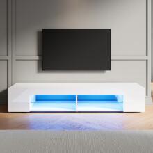 (High Gloss White, 160cm) Elegant LED TV Stand with 12-Colour RGB Lighting, Glass Shelf