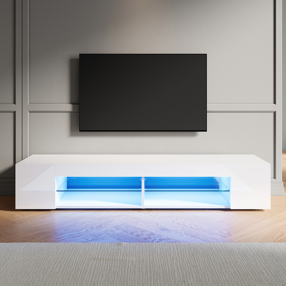 Elegant (High Gloss White, 160Cm) Led Tv Stand With 12-Colour Rgb Lighting, Glass Shelf