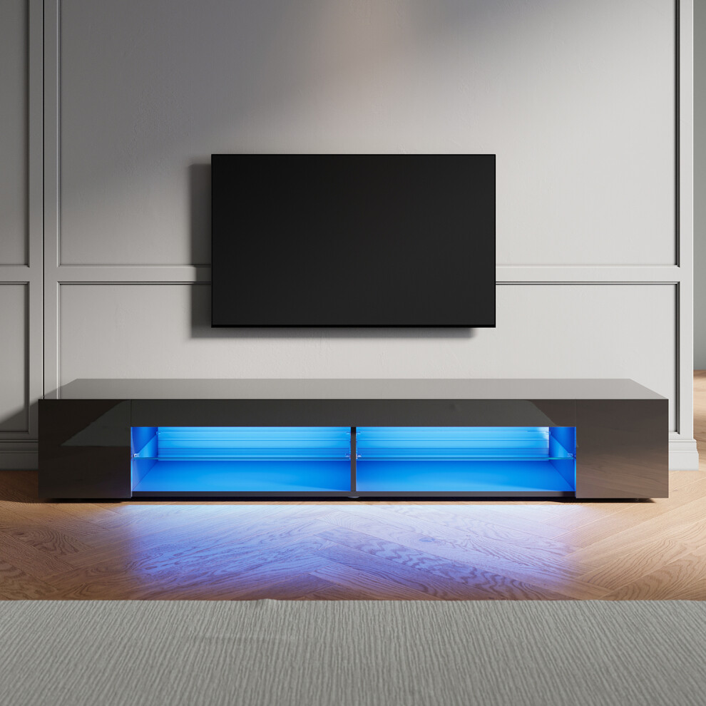 Elegant (High Gloss Black, 180Cm) Led Tv Stand With 12-Colour Rgb Lighting, Glass Shelf