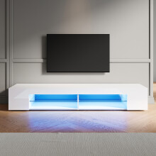 (High Gloss White, 180cm) Elegant LED TV Stand with 12-Colour RGB Lighting, Glass Shelf
