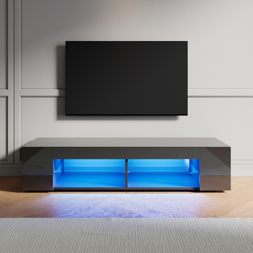 Elegant (High Gloss Black, 135Cm) Led Tv Stand With 12-Colour Rgb Lighting, Glass Shelf