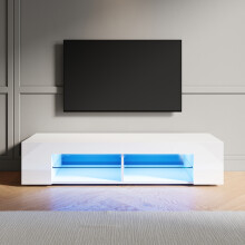 (High Gloss White, 135cm) Elegant LED TV Stand with 12-Colour RGB Lighting, Glass Shelf