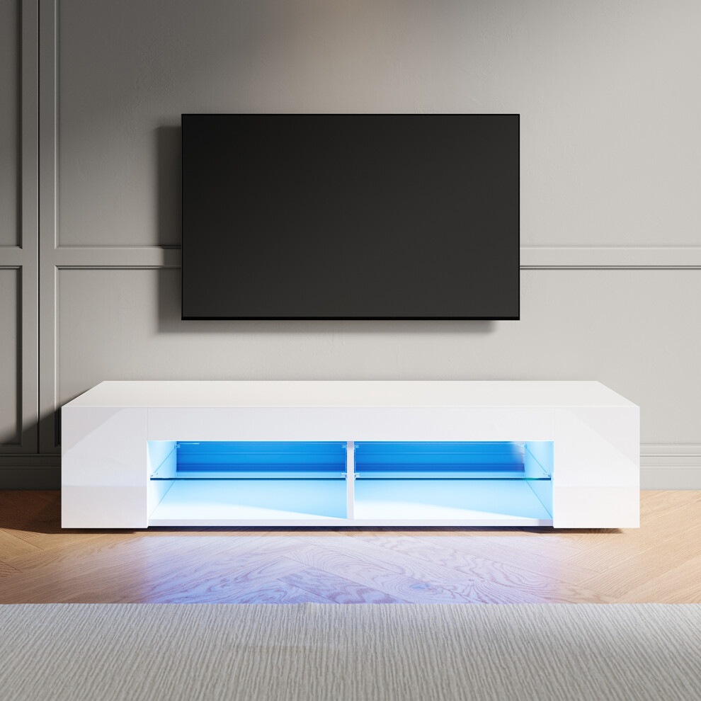 Elegant (High Gloss White, 135Cm) Led Tv Stand With 12-Colour Rgb Lighting, Glass Shelf