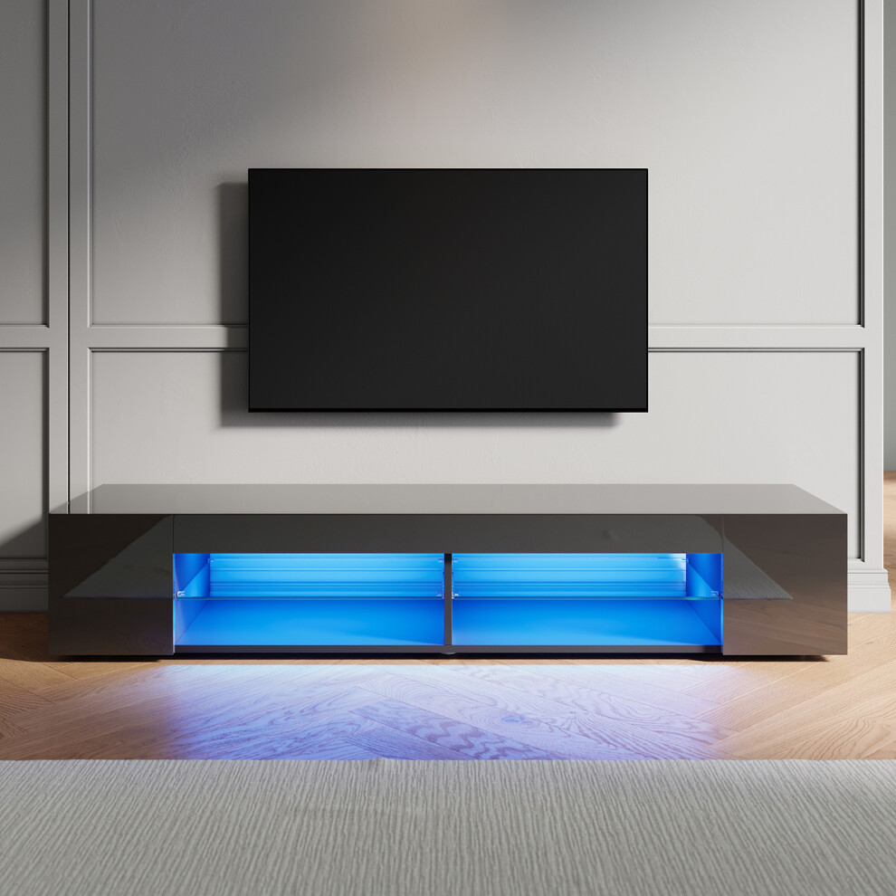 Elegant (High Gloss Black, 160Cm) Led Tv Stand With 12-Colour Rgb Lighting, Glass Shelf