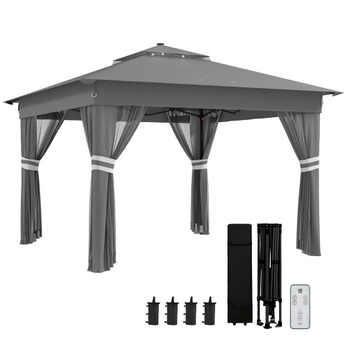 3.36x3.36m Pop Up Gazebo with Solar LED Lights, Grey