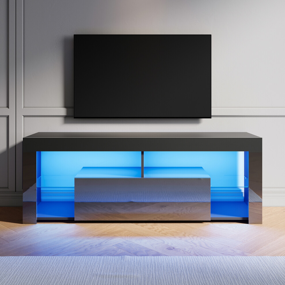 Elegant (High Gloss Black, 140Cm) Led Tv Stand With Rgb Lighting, Flap-Door Storage Cabinet, Tempered Glass Shelf, High Gloss Tv Unit
