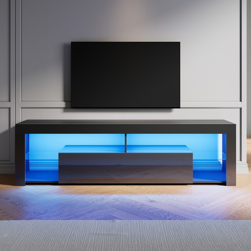 Elegant (High Gloss Black, 180Cm) Led Tv Stand With Rgb Lighting, Flap-Door Storage Cabinet, Tempered Glass Shelf, High Gloss Tv Unit