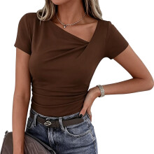 Blouse Asymmetrical Collar Design Ruffle-Chocolate color L