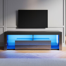 (High Gloss Black, 160cm) Elegant LED TV Stand with RGB Lighting, Flap-Door Storage Cabinet, Tempered Glass Shelf, High Gloss TV Unit