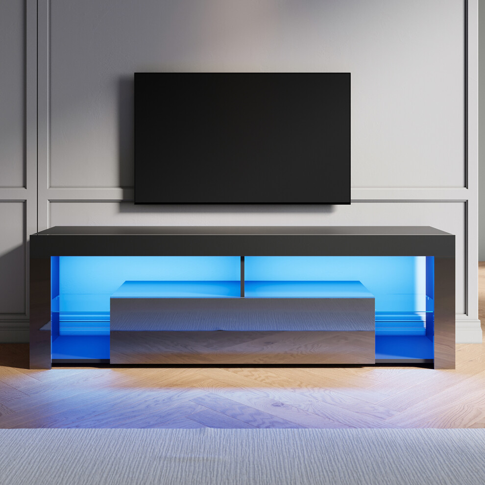 Elegant (High Gloss Black, 160Cm) Led Tv Stand With Rgb Lighting, Flap-Door Storage Cabinet, Tempered Glass Shelf, High Gloss Tv Unit