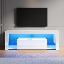 (High Gloss White, 140cm) Elegant LED TV Stand with RGB Lighting, Flap-Door Storage Cabinet, Tempered Glass Shelf, High Gloss TV Unit