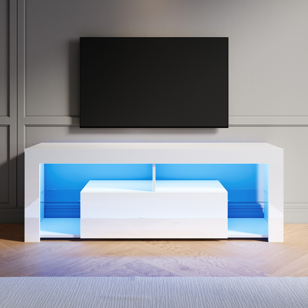 Elegant (High Gloss White, 140Cm) Led Tv Stand With Rgb Lighting, Flap-Door Storage Cabinet, Tempered Glass Shelf, High Gloss Tv Unit