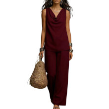 Casual neck two-piece set: sleeveless V-neck-Burgundy XXL