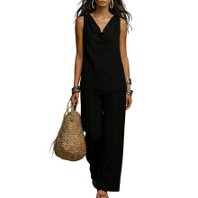 Tweedelige set met casual hals: mouwloze cropped top-Zwart XXL