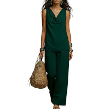 Tweedelige set met casual hals: mouwloze cropped-Donkergroen XXL